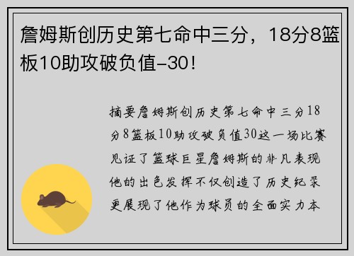 詹姆斯创历史第七命中三分，18分8篮板10助攻破负值-30！